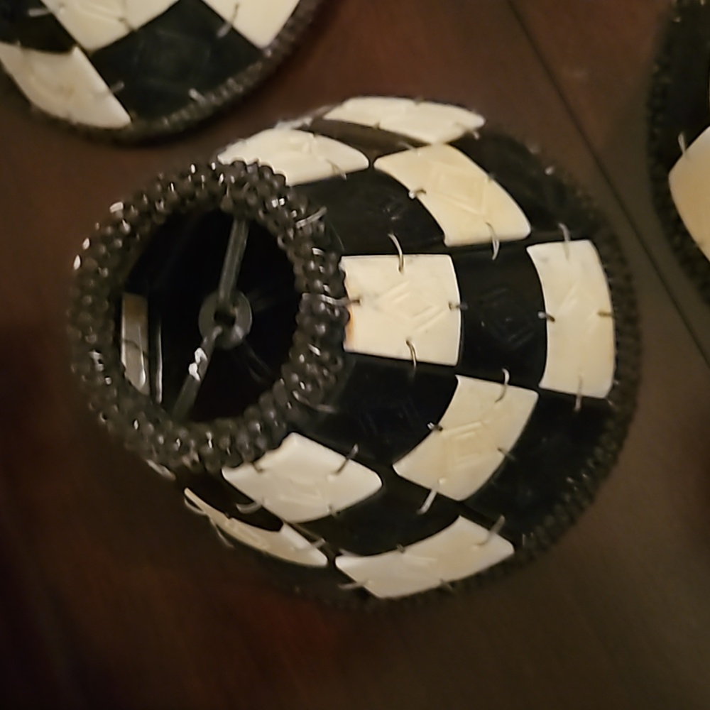 Carved bone lamp shades w/wood beaded trim. clip on. Black and cream. - Picture 3 of 3